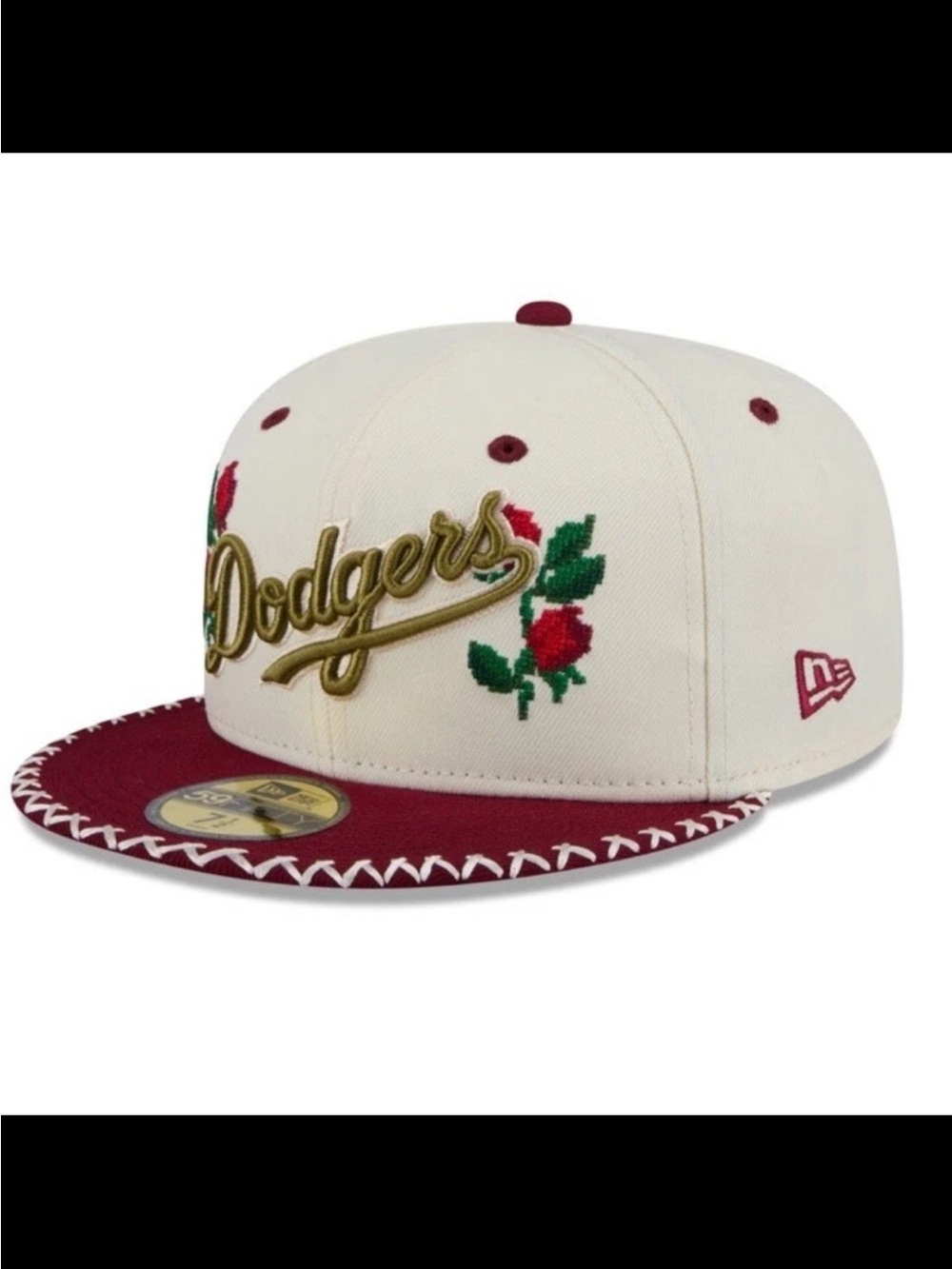 New Era Cream and Burgundy Dodgers Floral Fitted Cap
